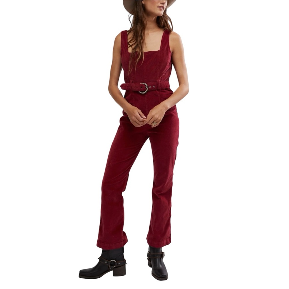 Free People Party Starter Belted Velvet Jumpsuit Sz 8 Holly Berry NWT